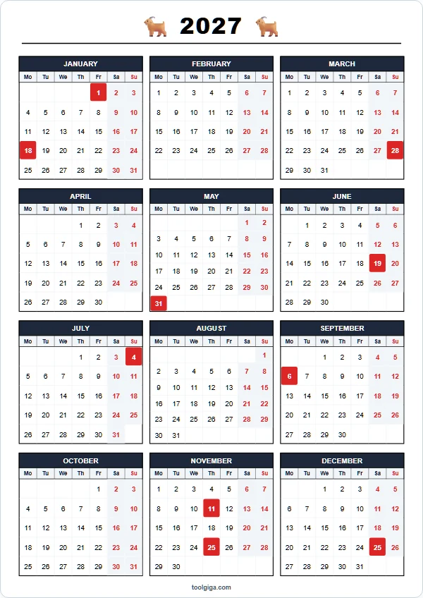Calendario anual 2027 para imprimir A4 PDF