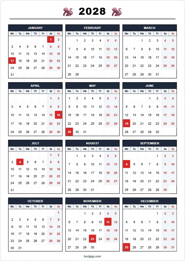 Calendario anual 2028 para imprimir A4 PDF