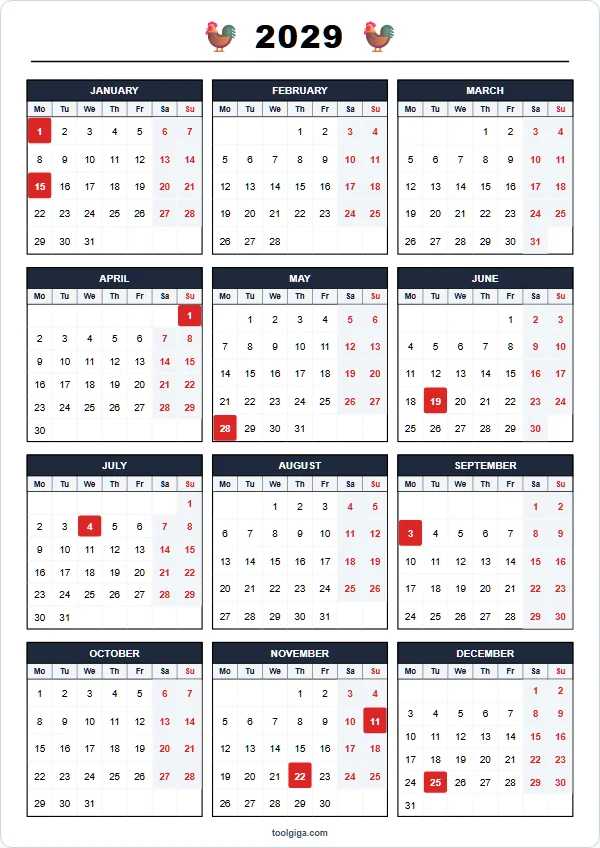 Calendario anual 2029 para imprimir A4 PDF
