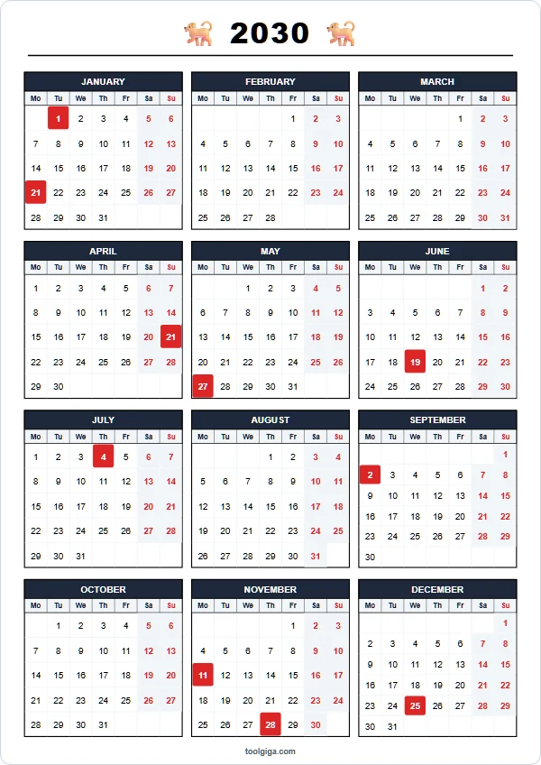 Calendario anual 2030 para imprimir A4 PDF