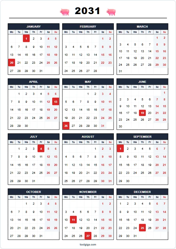 Calendario anual 2031 para imprimir A4 PDF
