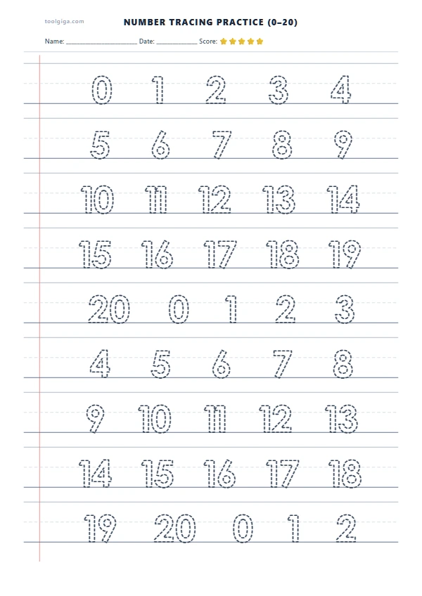 Number Tracing 0-20 A4