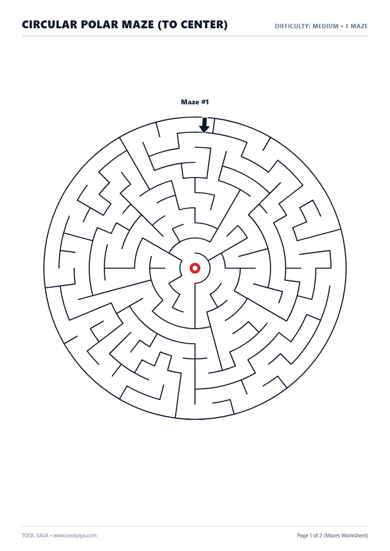 Laberinto circular polar al centro para imprimir A4