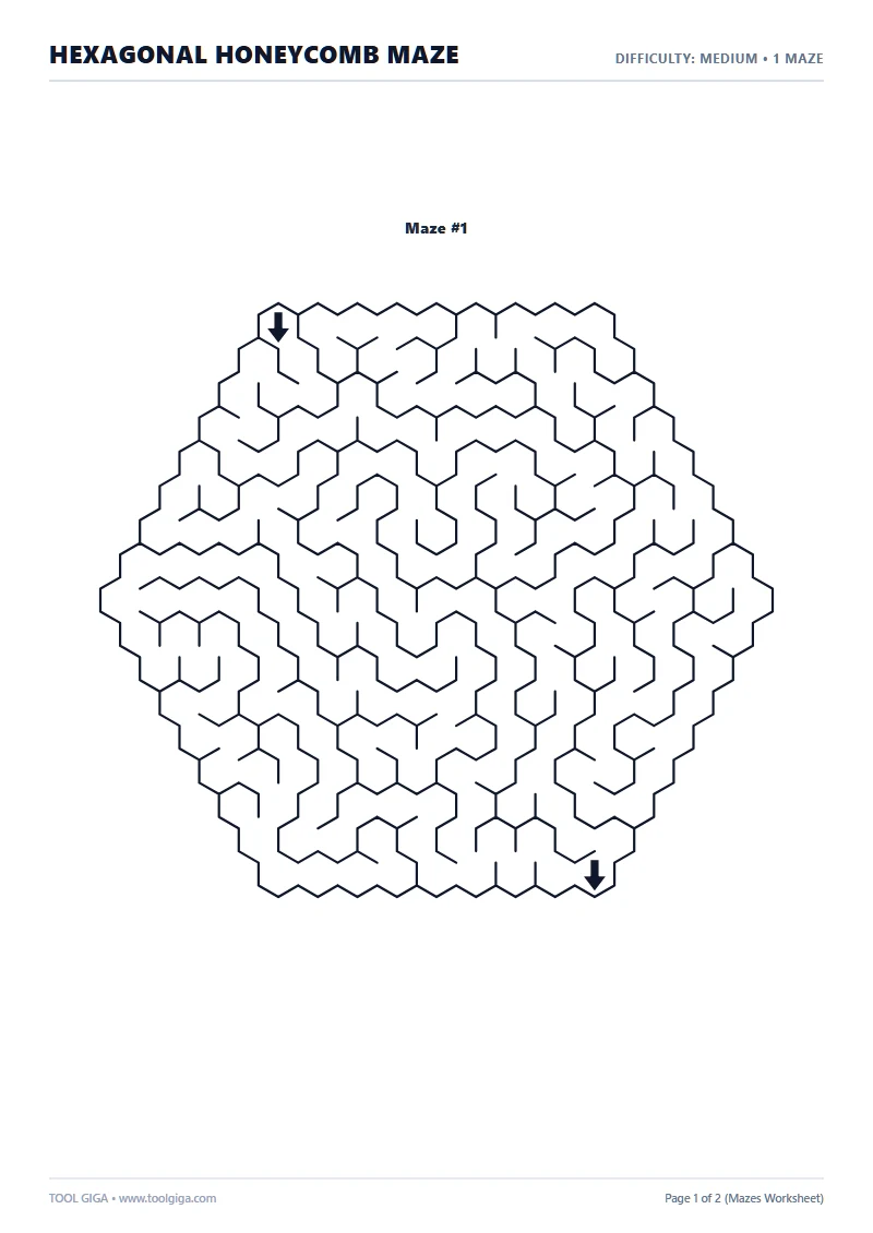 Ficha de laberinto hexagonal en panal para imprimir A4