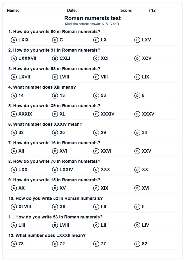 Printable A4 Roman numerals multiple-choice test with A, B, C, D bubbles