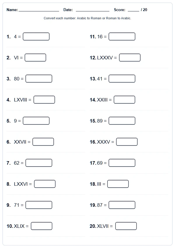 Printable A4 Roman numerals worksheet with numbered conversion tasks