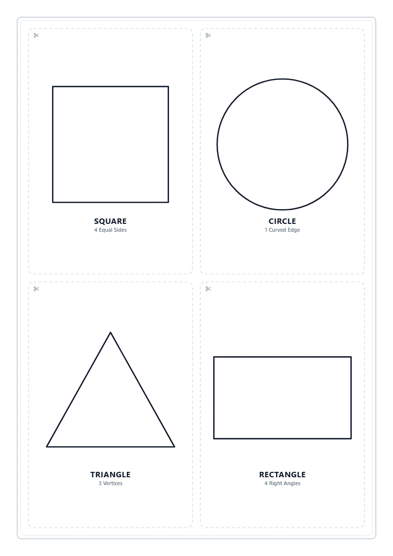 Printable geometric shapes flashcards with labels A4