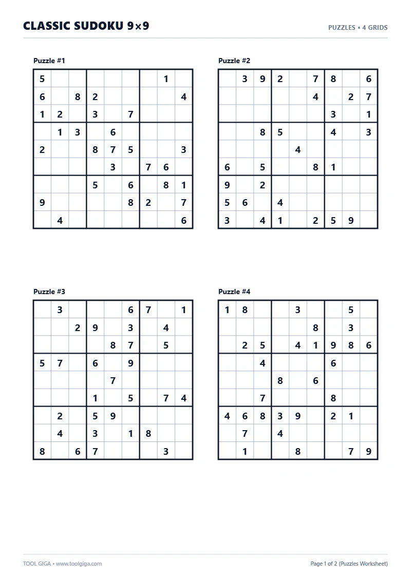 Printable Classic Sudoku 9x9 A4 with solutions