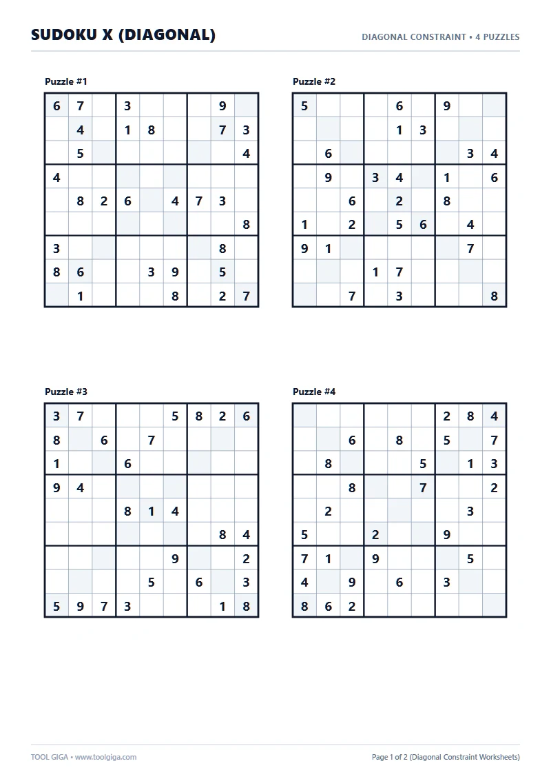 Diagonal Sudoku X printable puzzle worksheet A4