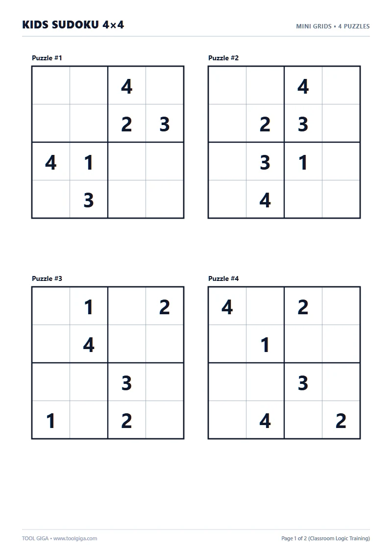Kids Sudoku 4x4 easy worksheet printable A4