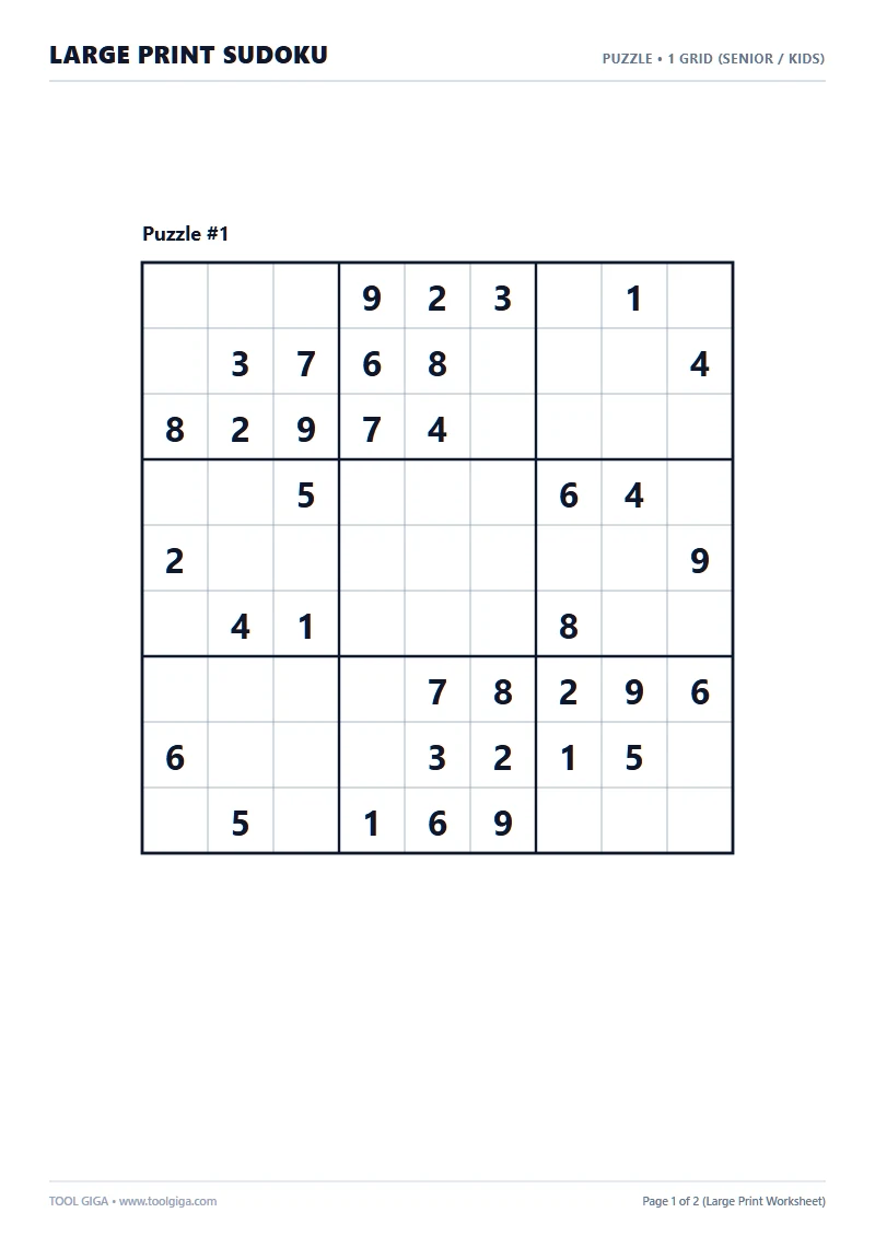Large print Sudoku 1 per page A4 printable for seniors