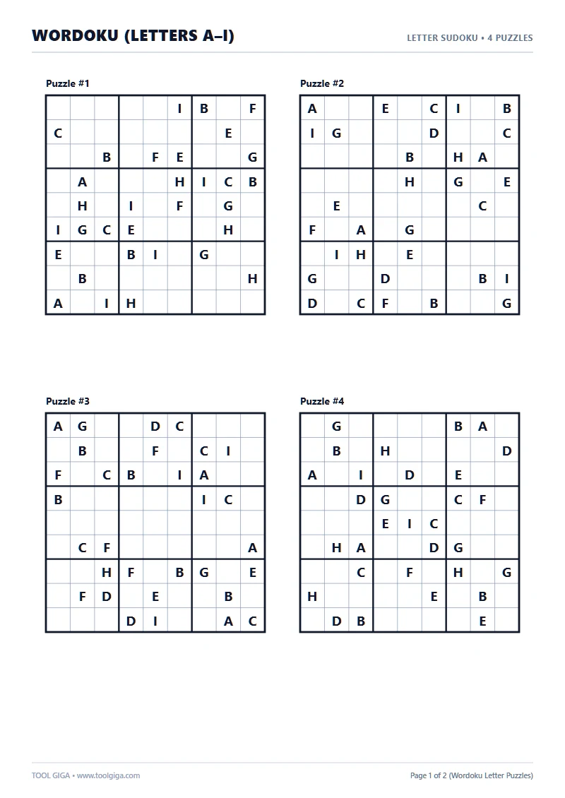 Wordoku letter Sudoku puzzle printable A4